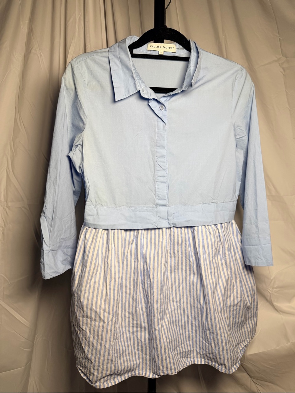 English Factory Blue Button-Up Bodice with Blue & White Striped Skirt Dress